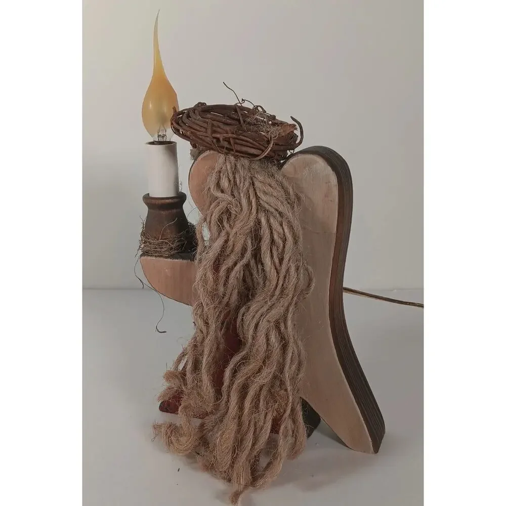 Angel Electric Candle Wooden Primitive Lamp Light Silicone Bulb Grapevine 9